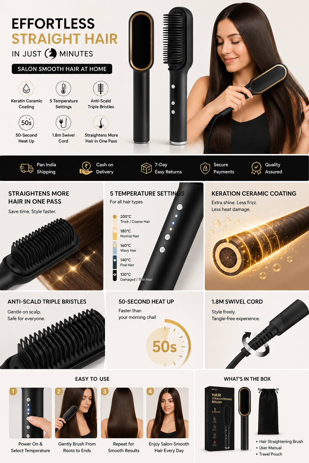 Ammuri Pro Hair Straightening Brush – before and after hair styling results